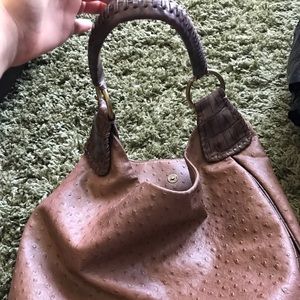 Brown faux ostrich large shoulder bag
